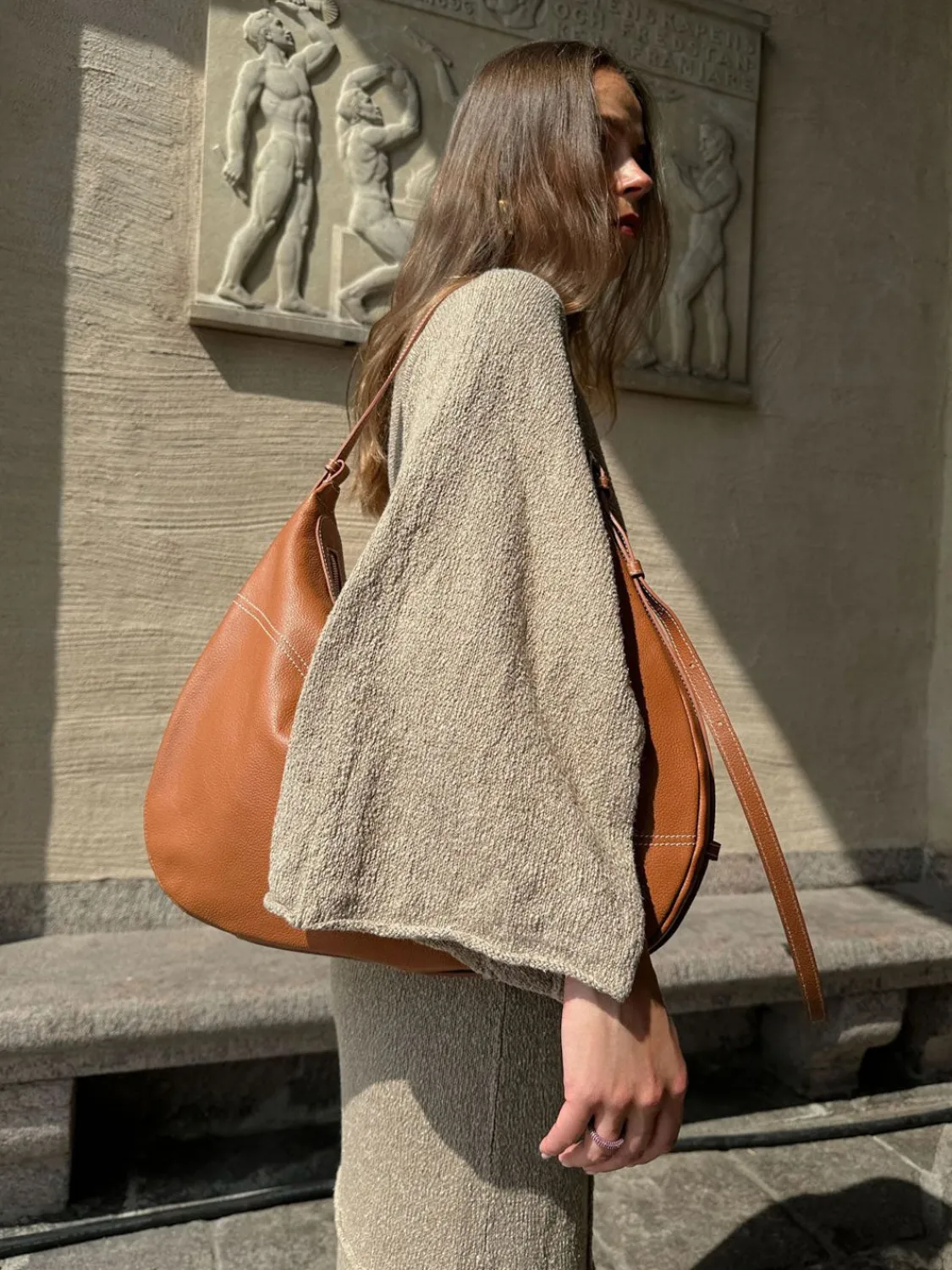 ATP Atelier Potenza Grained Leather Large Hobo Bag Brandy/Kontrastsom Clearance